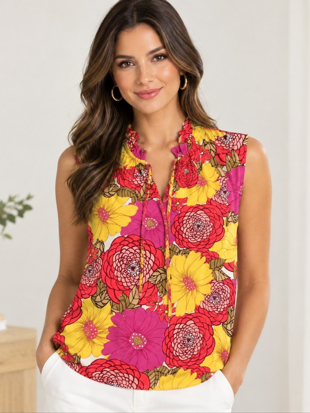 THML Sleeveless Floral Ruffle Tie-Neck Top in Yellow, Pink & Red